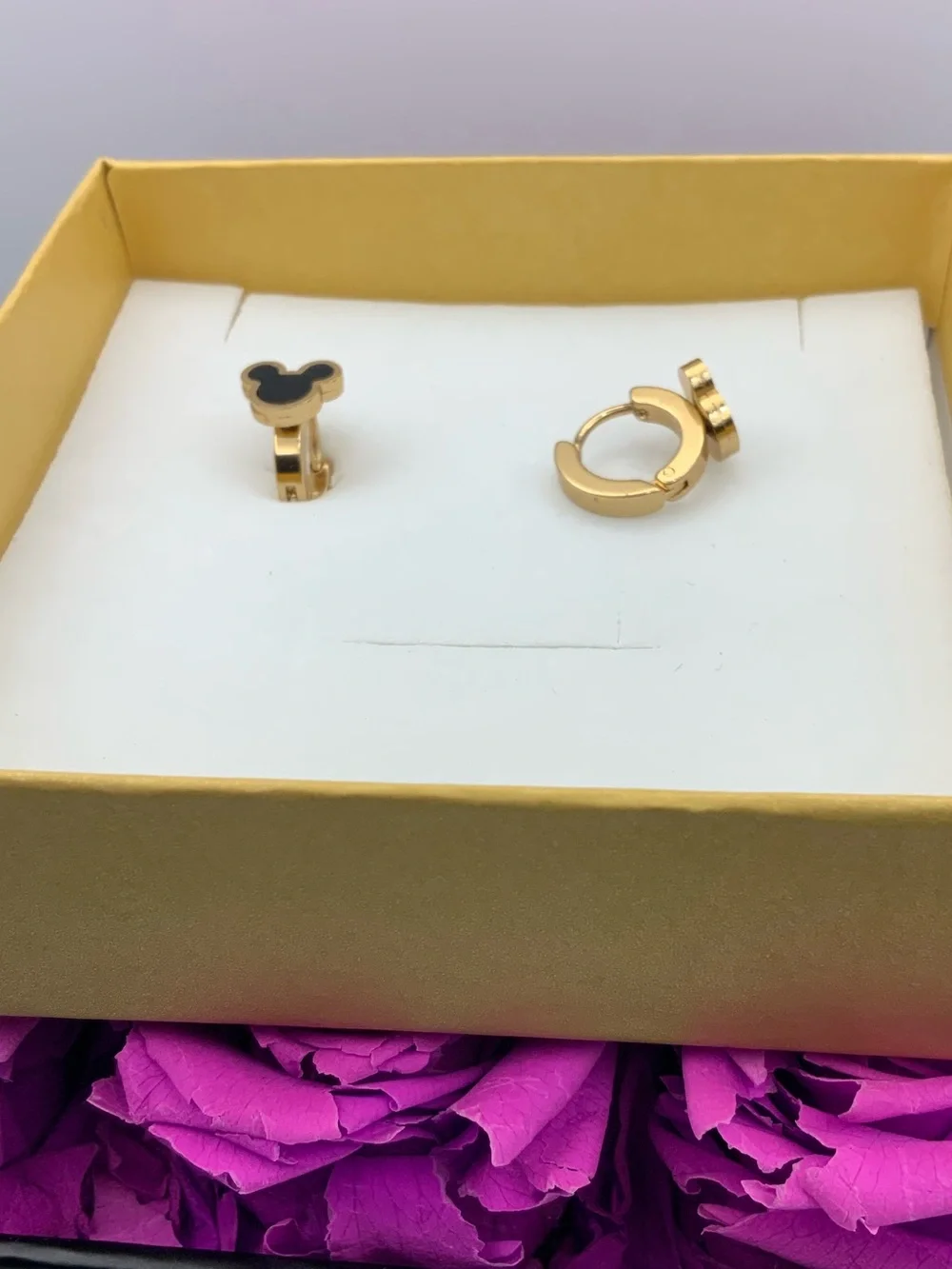 Gold-Tone Hoop Earrings with Black Enamel Mickey-Shaped Fronts - Women Jewelry
